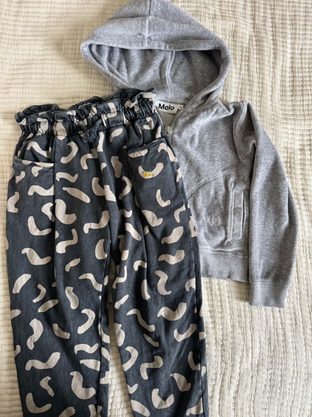 Bobo Choses Squiggle Joggers and MOLO Grey velour Jacket